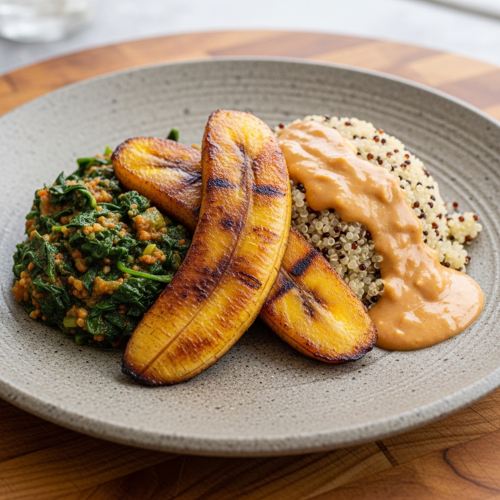 “Sensational Ghanaian Vegetarian Lunch: Grilled Plantain & Spinach Stew with Quinoa and Peanut Sauce”