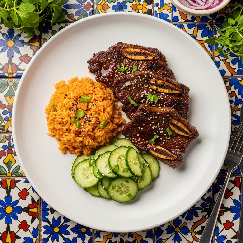 Sensational Korean BBQ Galbi (Short Ribs) with Spicy Sesame Oil Rice and Cucumber Salad – A Cinematic Dining Experience