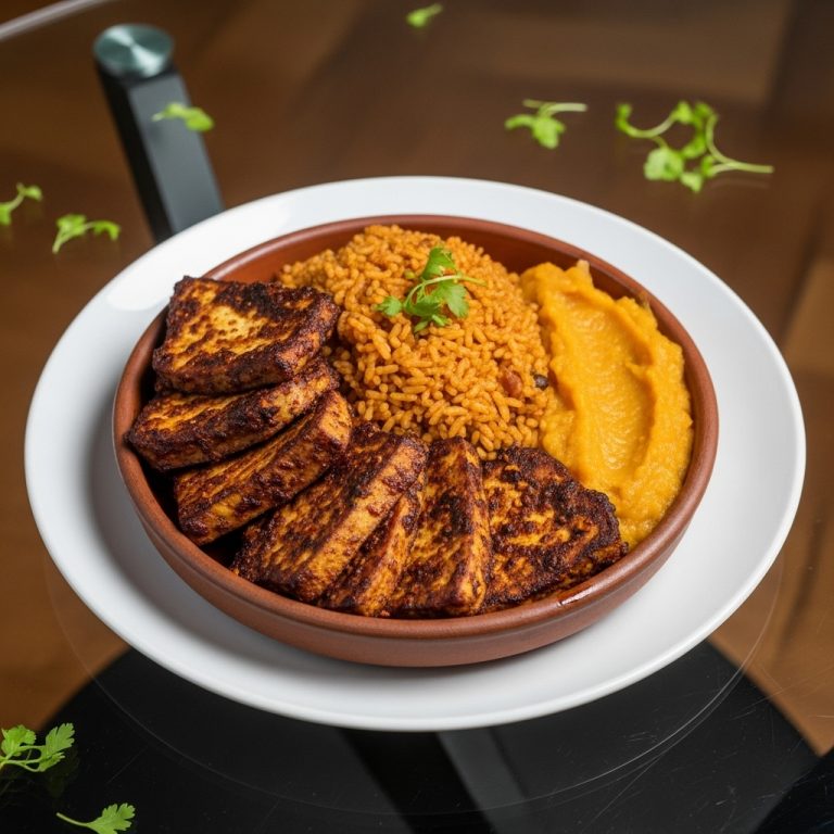 “Sensational Nigerian Vegan Feast: Suya Tofu Steaks, Spicy Jollof Rice, and Sweet Plantain Mash”