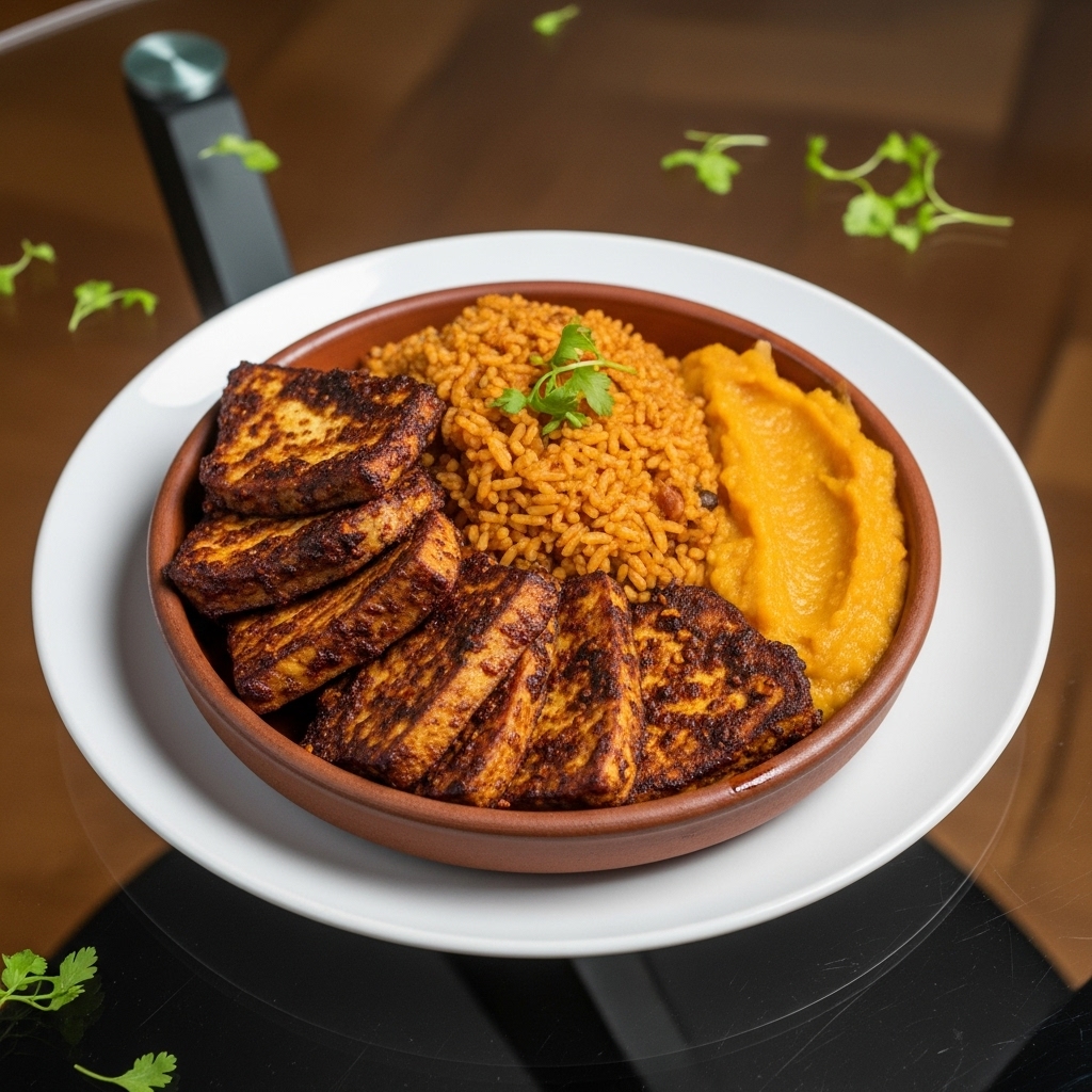 “Sensational Nigerian Vegan Feast: Suya Tofu Steaks, Spicy Jollof Rice, and Sweet Plantain Mash”