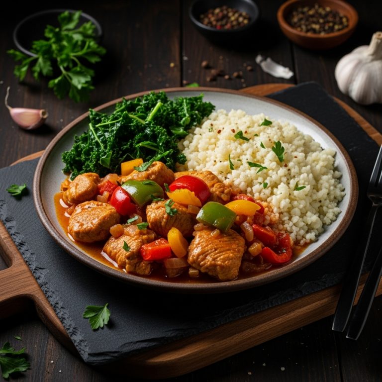 “Sensational Paleo Portuguese Lunch: Aromatic Chicken Stew with Cauliflower Rice and Garlic Kale”