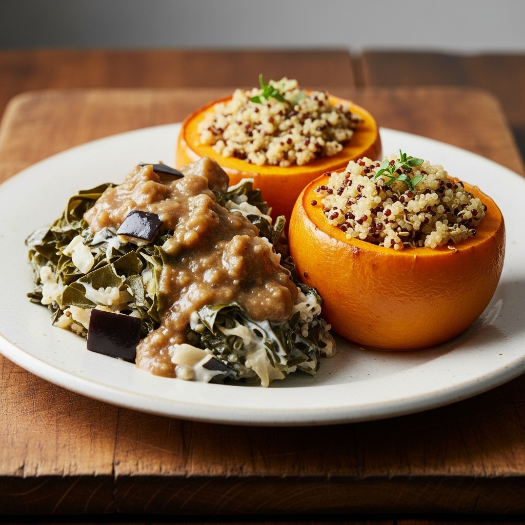 Sensational Southern Vegetarian Feast: Creamy Collard Green Casserole with Smoky Eggplant Gravy and Herbed Quinoa-Stuffed Butternut Squash