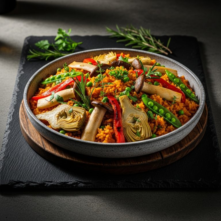 Sensational Spanish Vegan Paella with Mushrooms, Artichokes & Aromatic Herbs