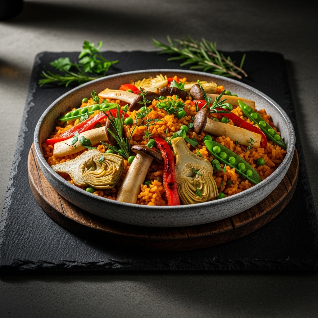 Sensational Spanish Vegan Paella with Mushrooms, Artichokes & Aromatic Herbs