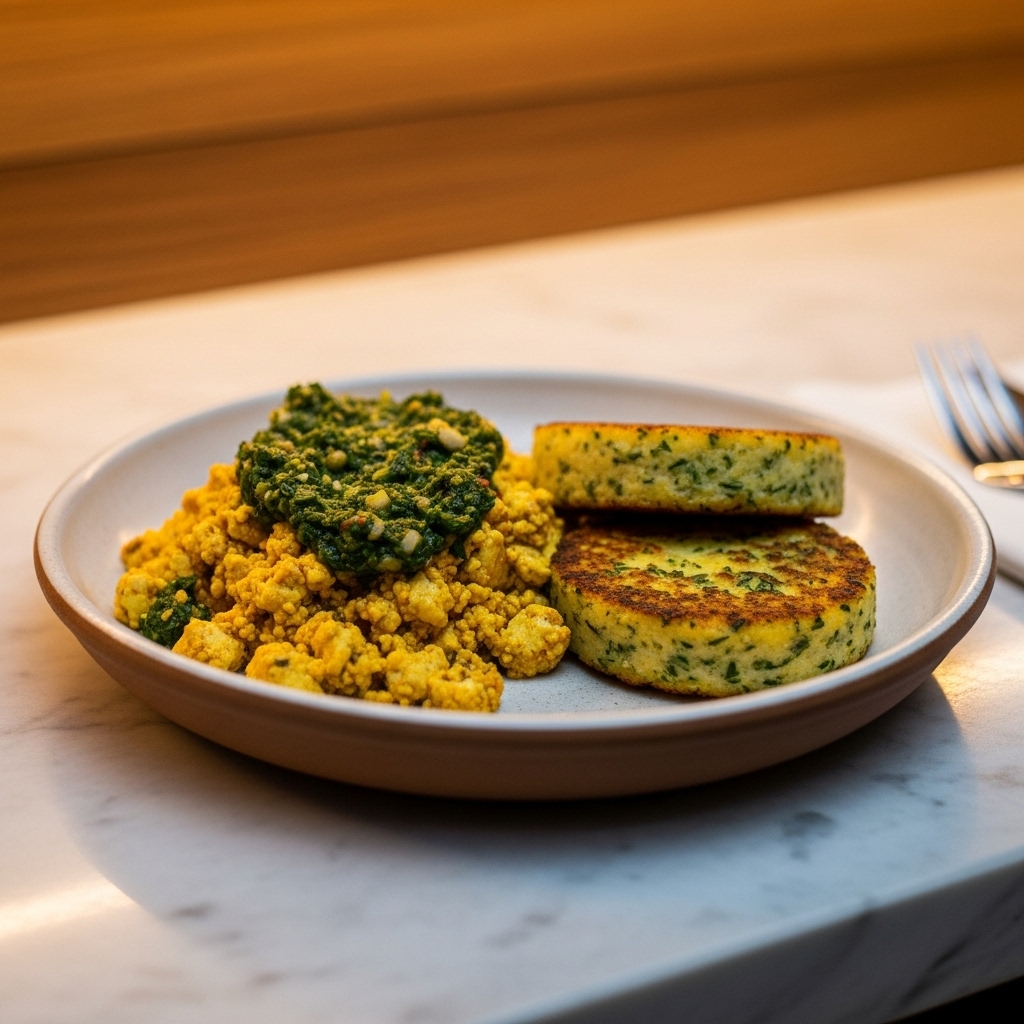 “Sensational Vegan Argentinian Brunch: Tofu Chimichurri Scramble & Herby Polenta Cakes”