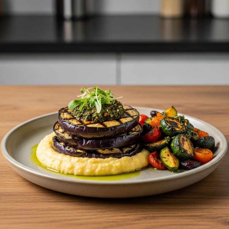 “Sensational Vegan Argentinian Feast: Grilled Eggplant Tower with Creamy Polenta and Chimichurri-Roasted Vegetables”