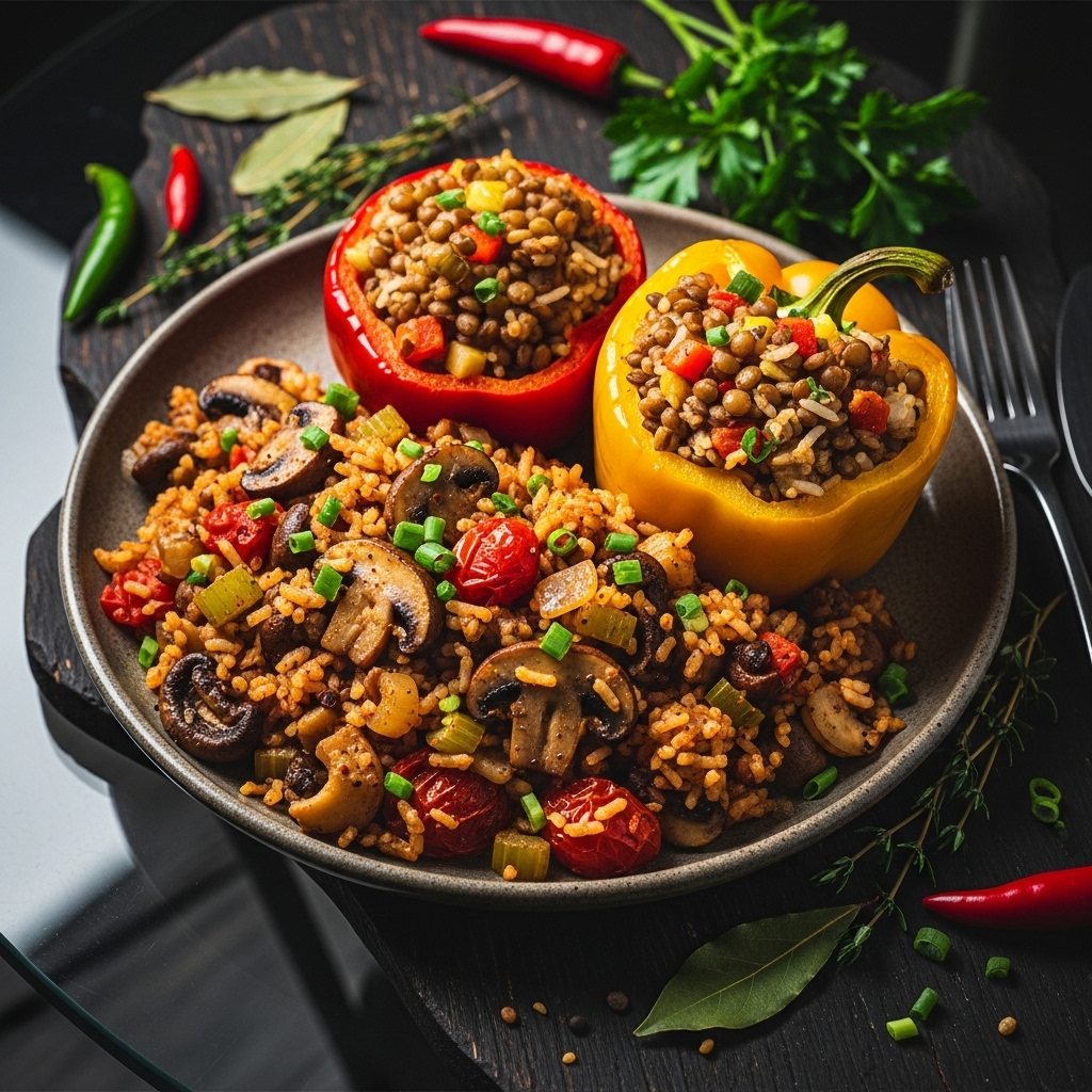 Sensational Vegan Cajun Dinner: Mouthwatering Mushroom Jambalaya & Delectable Lentil-Stuffed Bell Peppers