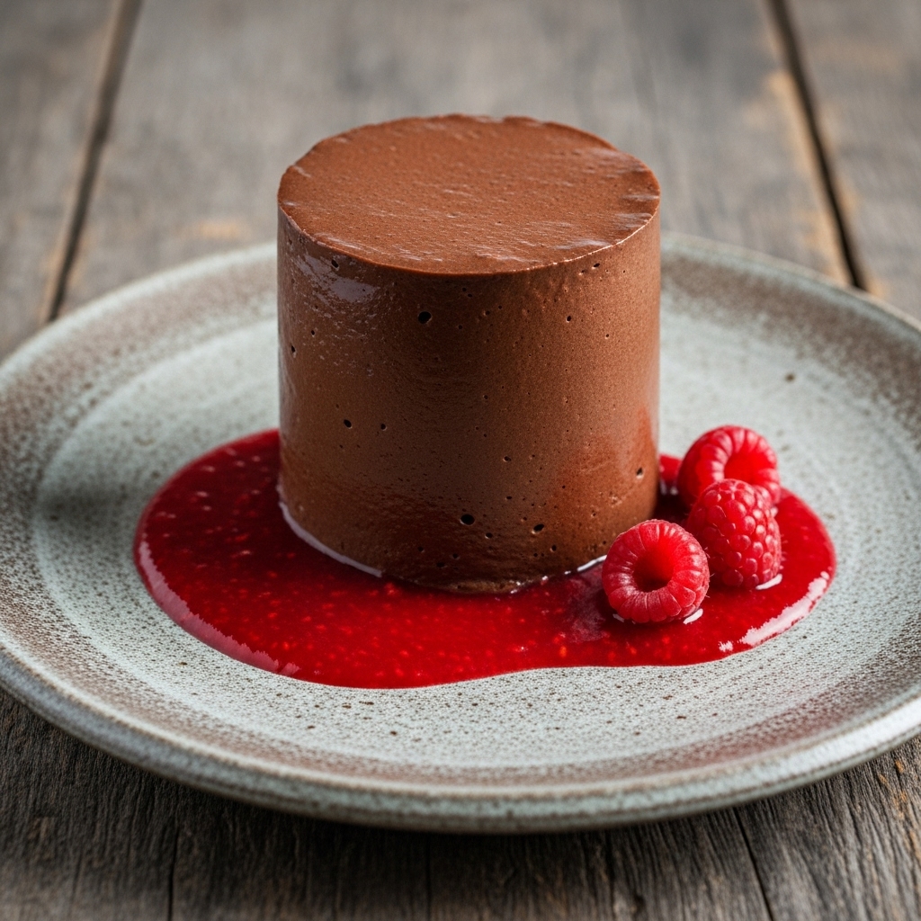 Silken Chocolate Mousse Tower with Raspberry Coulis