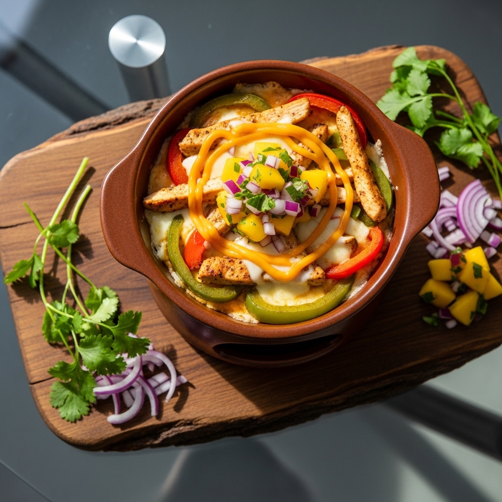 Sizzling Fajita Fondue with Smoky Mango Salsa