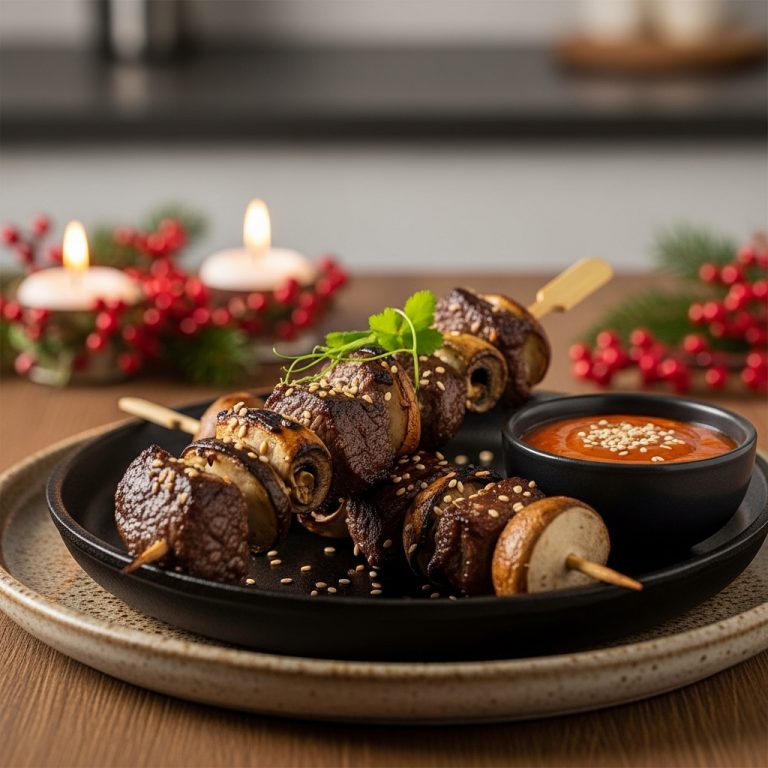 Sizzling Korean BBQ Beef & Mushroom Kabobs with Spicy Sesame Dipping Sauce (Paleo-Friendly)