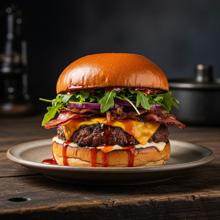 Sizzling Smoky Stacked Burger with Honey Sriracha Glaze