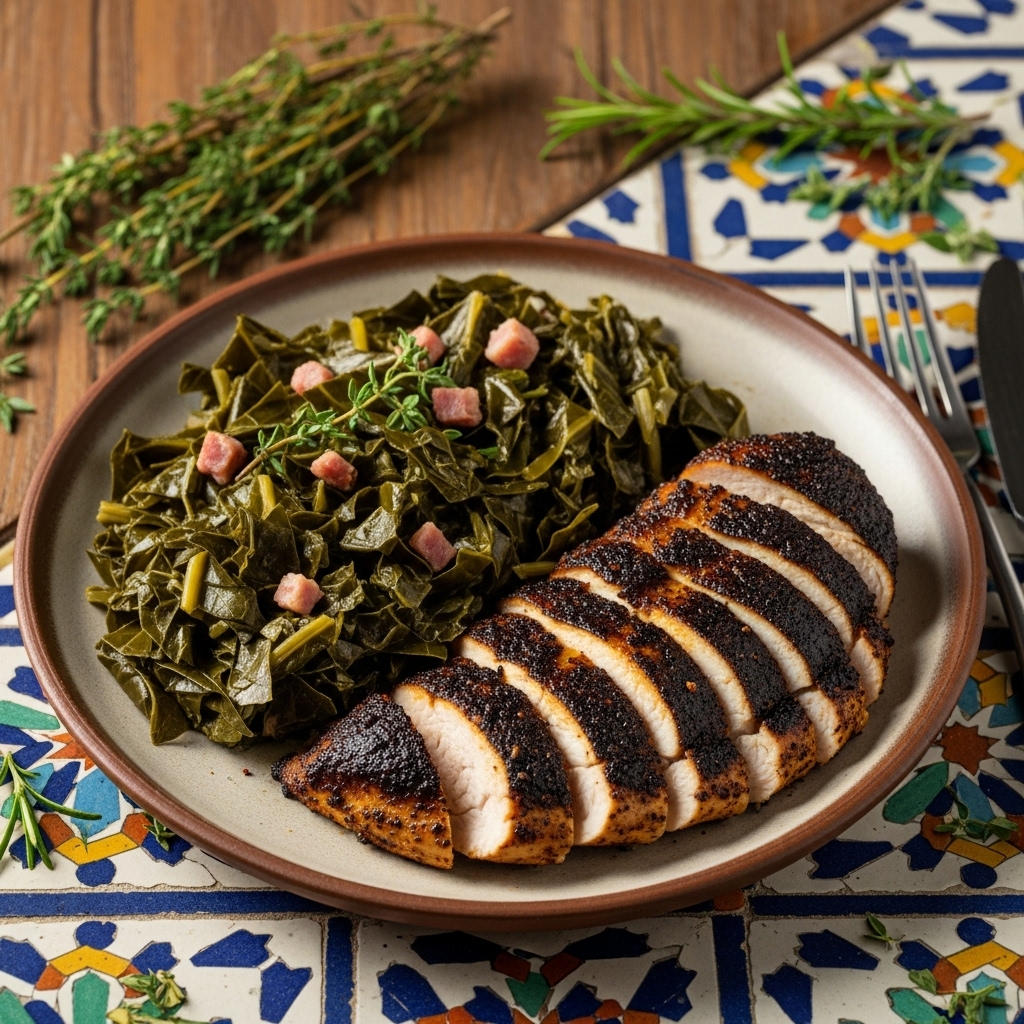 “Sizzling Southern Grill Dinner: Cajun Blackened Chicken & Creamy Collard Greens”