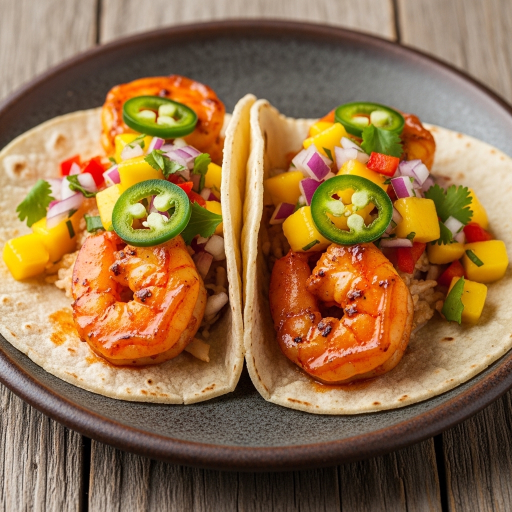 Sizzling Spicy Garlic Shrimp Tacos with Mango Salsa