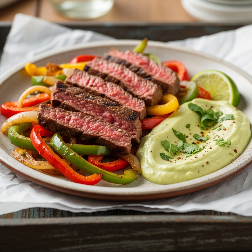 “Sizzling Steak Fajitas with Smoky Avocado Crema”