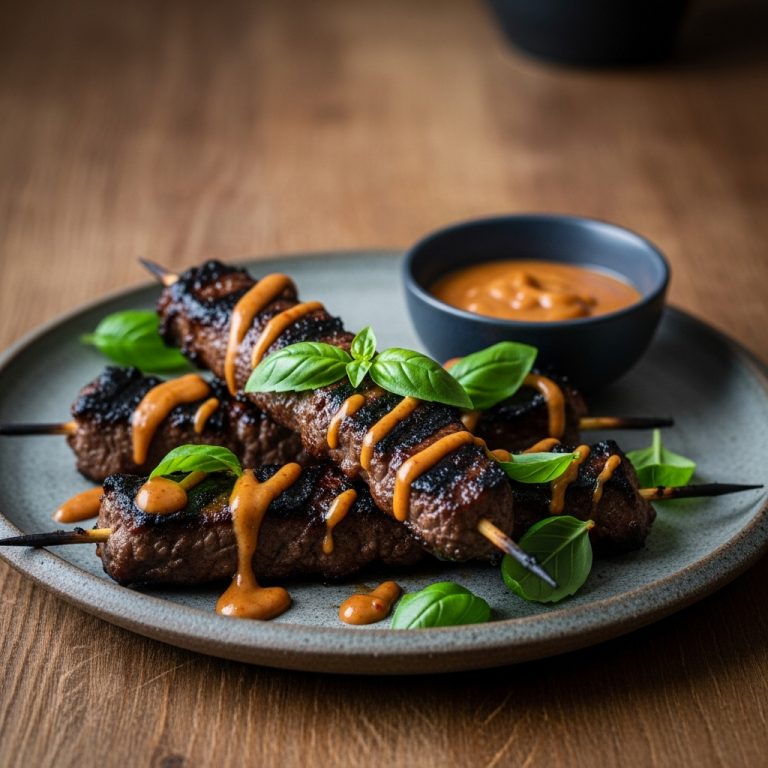 Sizzling Street-Style Thai Basil Beef Skewers with Spicy Peanut Dipping Sauce