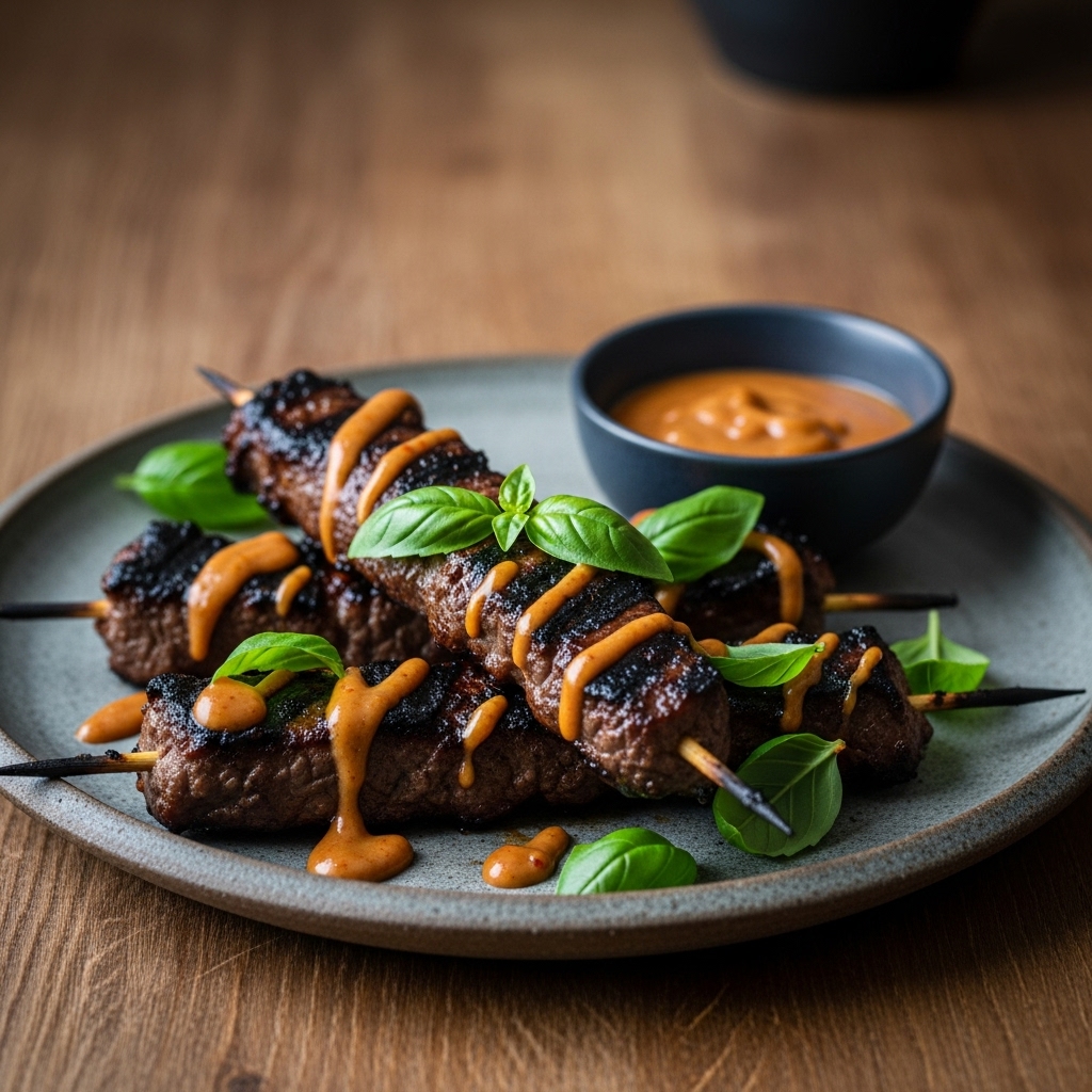 Sizzling Street-Style Thai Basil Beef Skewers with Spicy Peanut Dipping Sauce