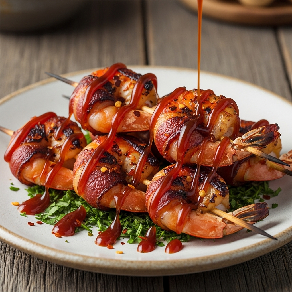 Smoky BBQ Bacon Wrapped Shrimp Skewers