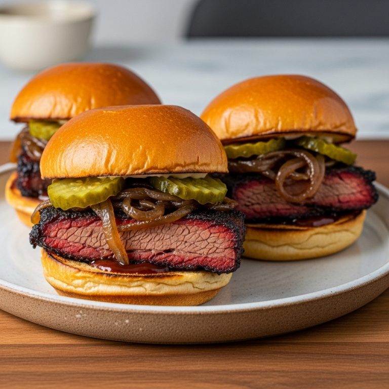 Smoky BBQ Brisket Sliders with Caramelized Onions and Pickles