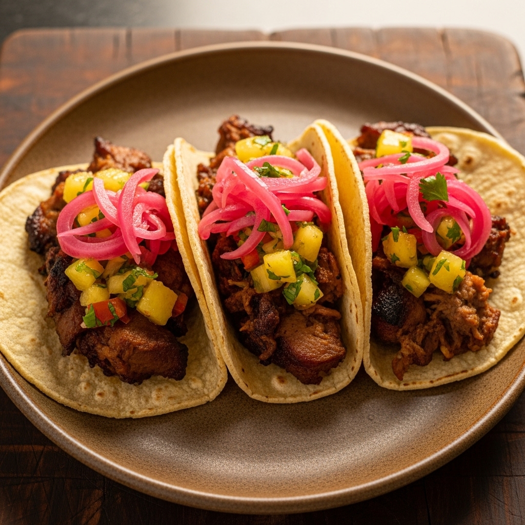 Smoky BBQ Carnitas Tacos with Housemade Pickled Onions and Spicy Pineapple Salsa