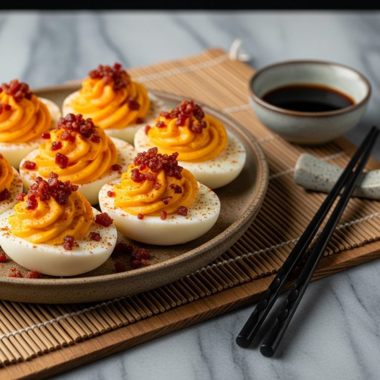 Smoky BBQ Chipotle Deviled Eggs with Candied Bacon Crumbles