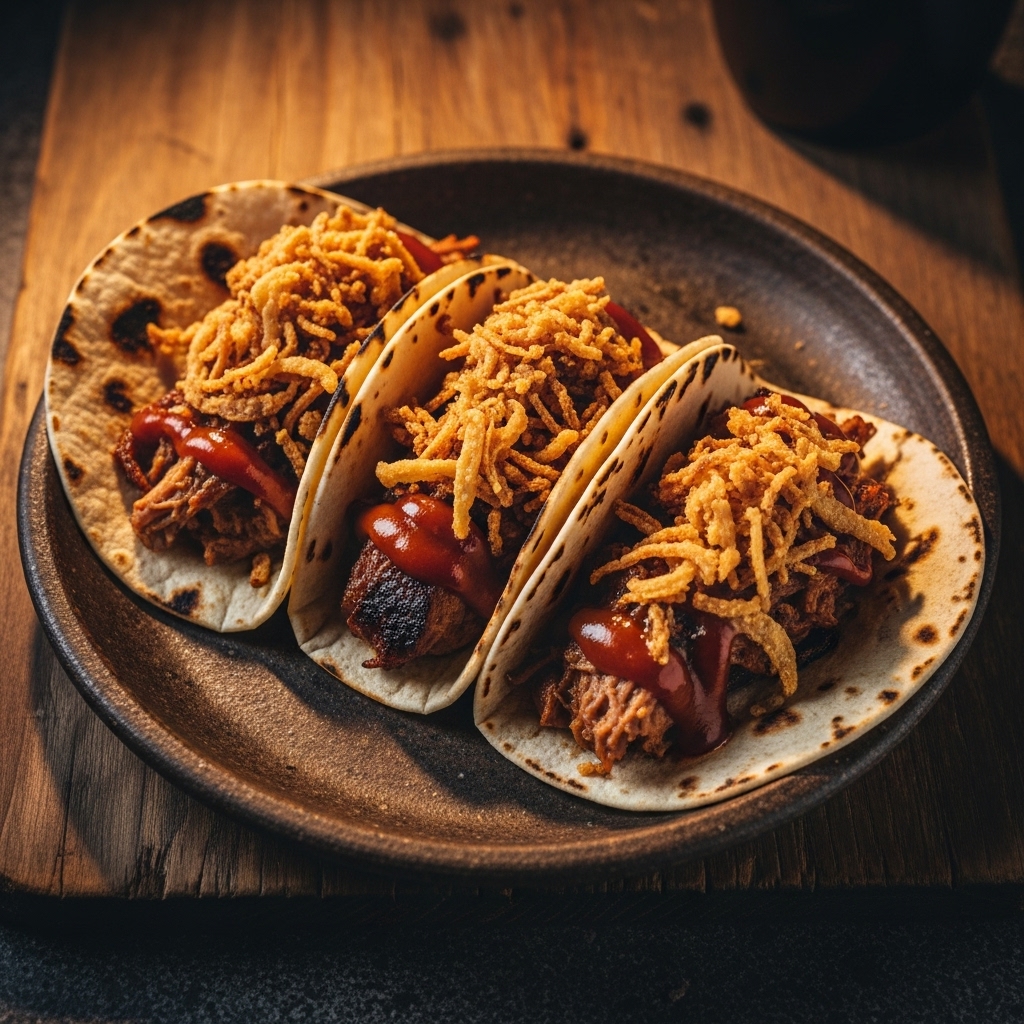 Smoky BBQ Street Tacos with Crispy Onions