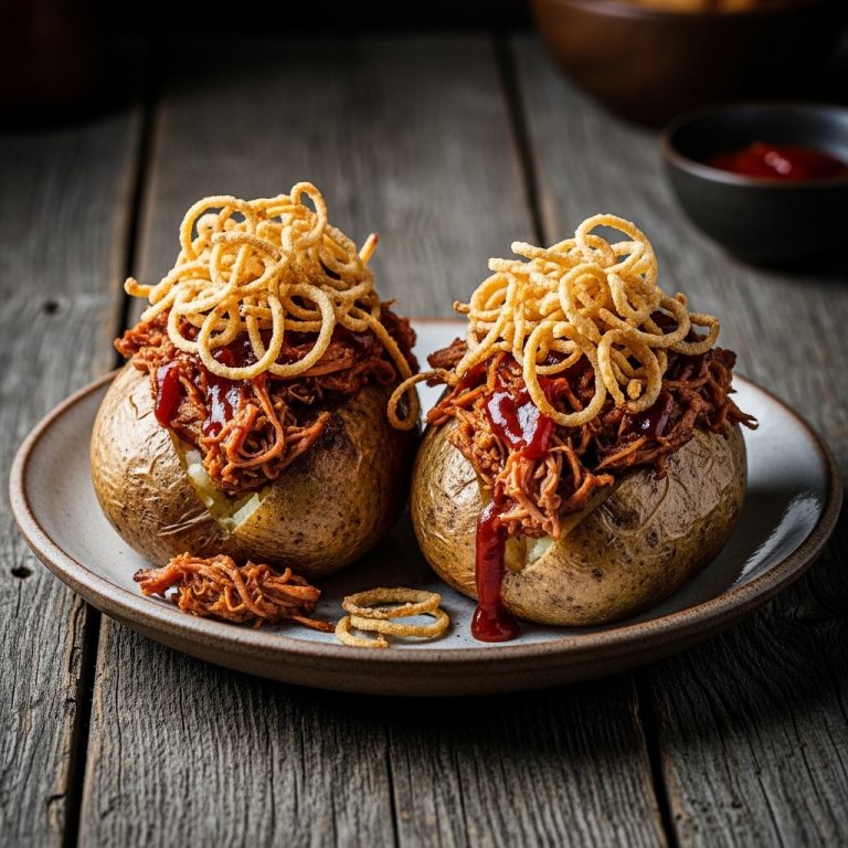 Smoky BBQ Stuffed Baked Potatoes with Crispy Onion Straws