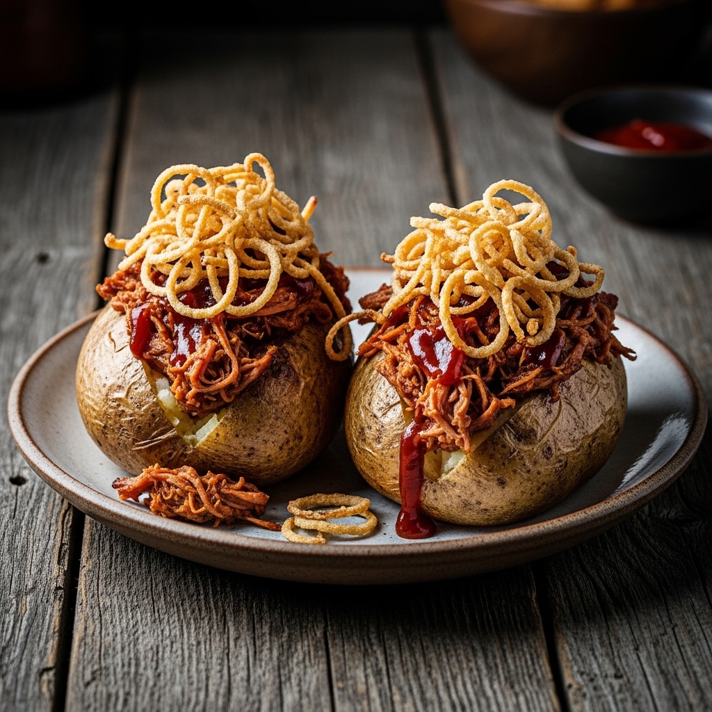 Smoky BBQ Stuffed Baked Potatoes with Crispy Onion Straws