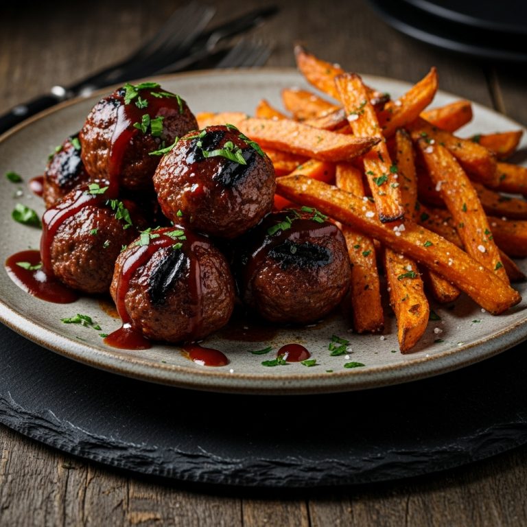 Smoky Bourbon BBQ Meatballs with Sweet Potato Fries