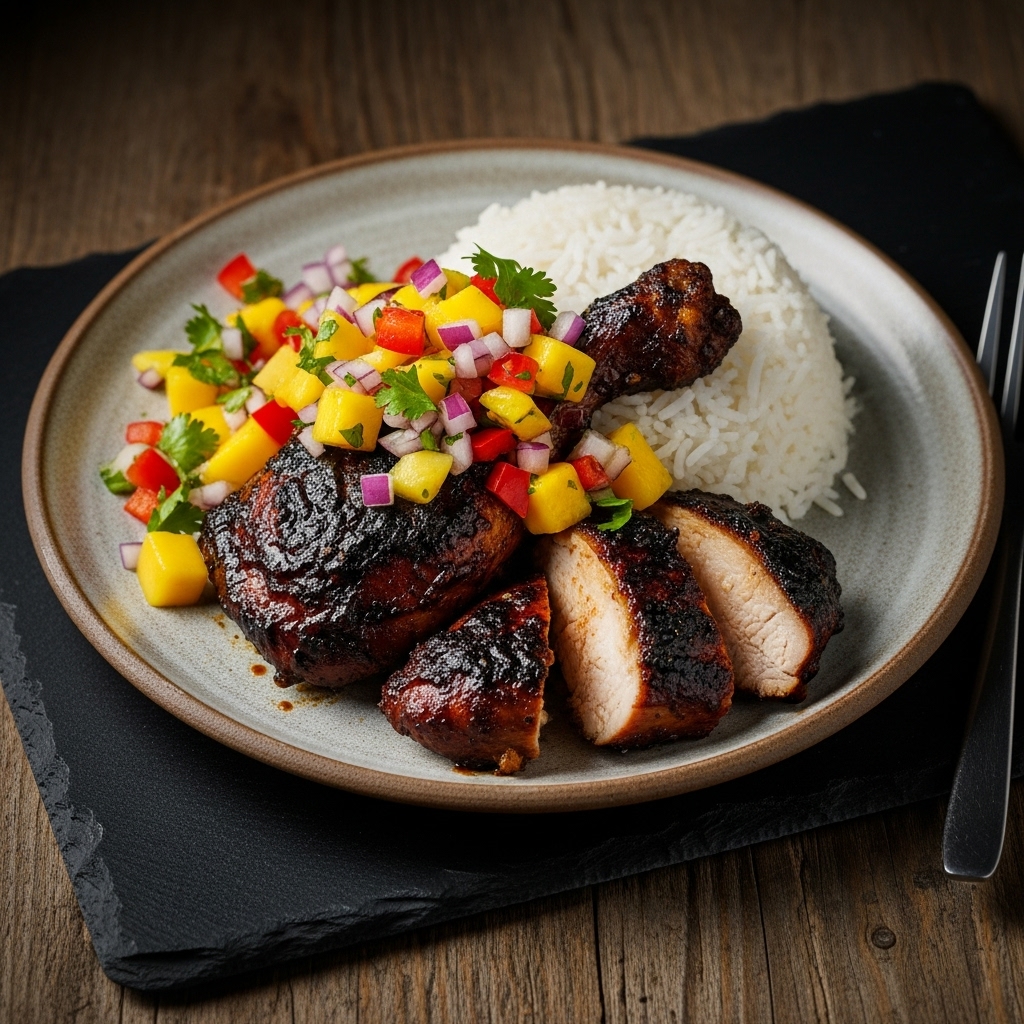 Smoky Caribbean Jerk Chicken with Mango Salsa and Coconut Rice