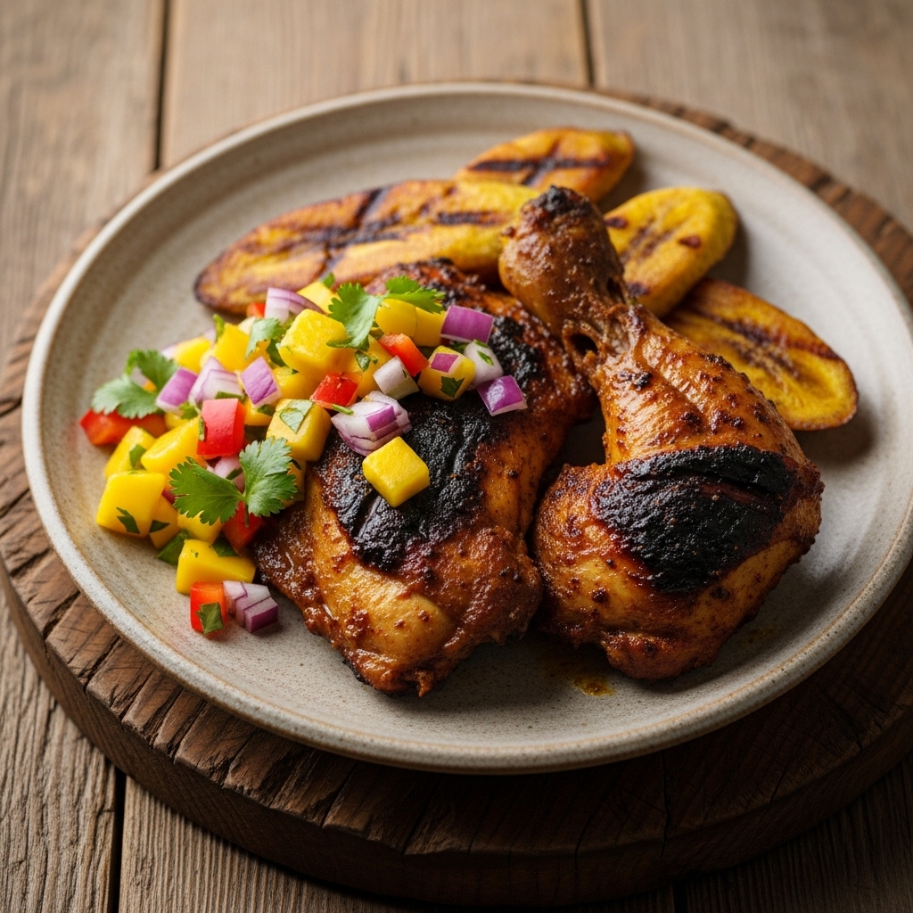 Smoky Caribbean Jerk Chicken with Mango Salsa and Grilled Plantains