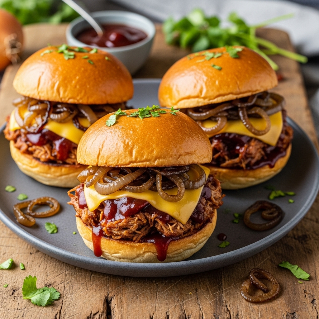Smoky Chipotle BBQ Pork Sliders with Caramelized Onion & Colby Jack Cheese