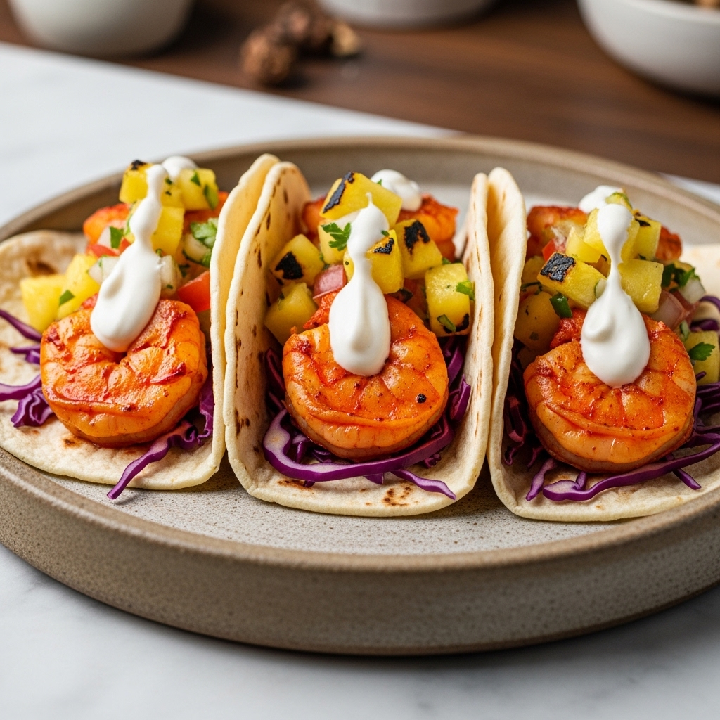 Smoky Chipotle Grilled Shrimp Tacos with Charred Pineapple Salsa and Lime Crema