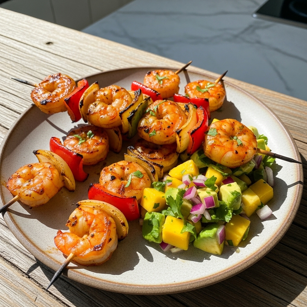 Smoky Chipotle-Lime Grilled Shrimp Skewers with Avocado Mango Salsa