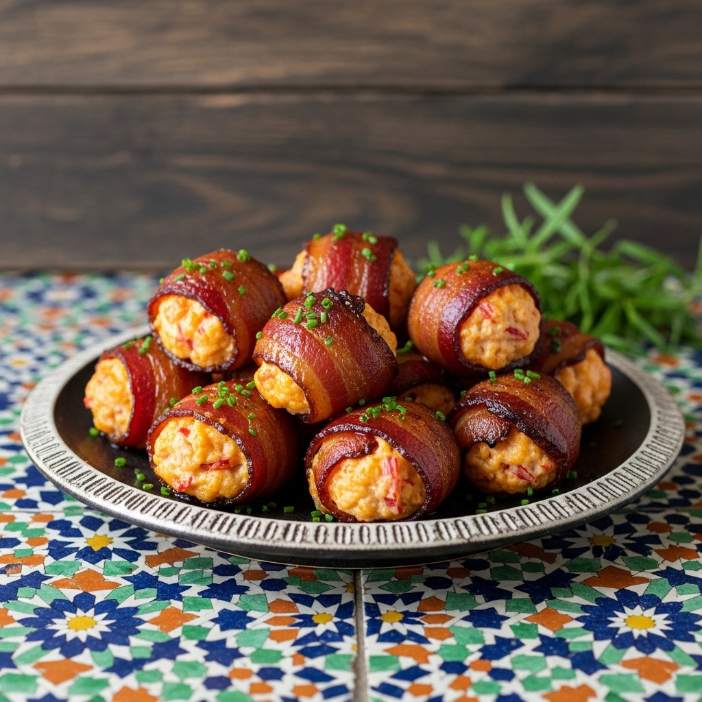 Smoky Chipotle Pimento Cheese Bombs with Candied Bacon Wrapped Appetizer