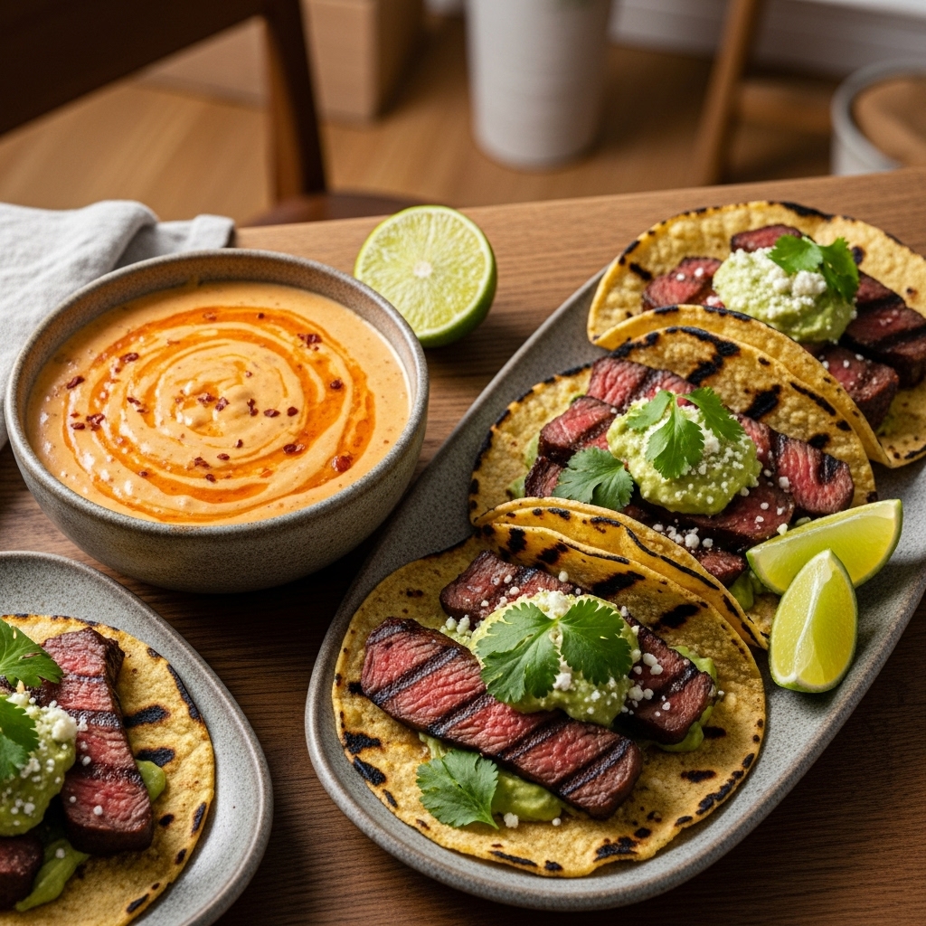 Smoky Chipotle Queso Dip & Grilled Steak Tacos