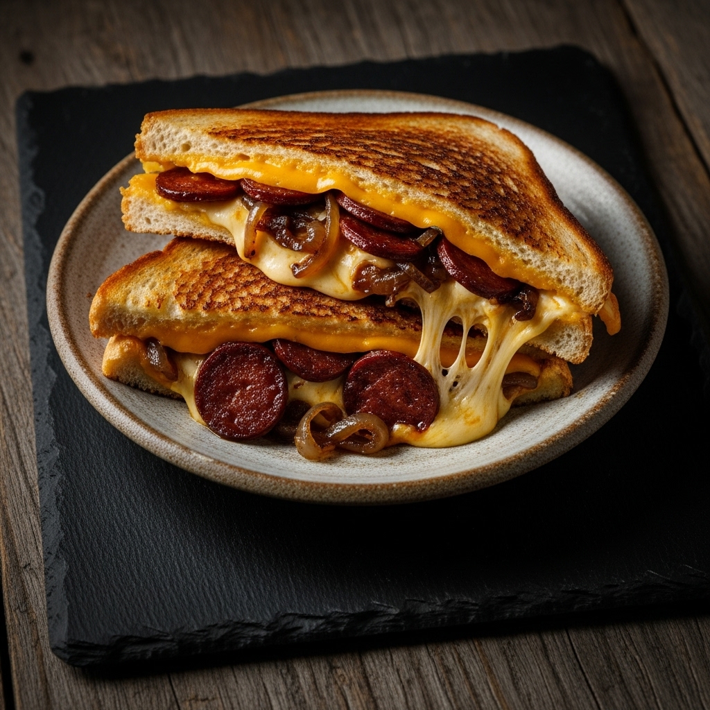 Smoky Grilled Cheese with Chorizo & Caramelized Onions