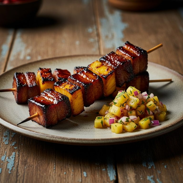 Smoky Pork Belly Skewers with Sweet Pineapple Chutney