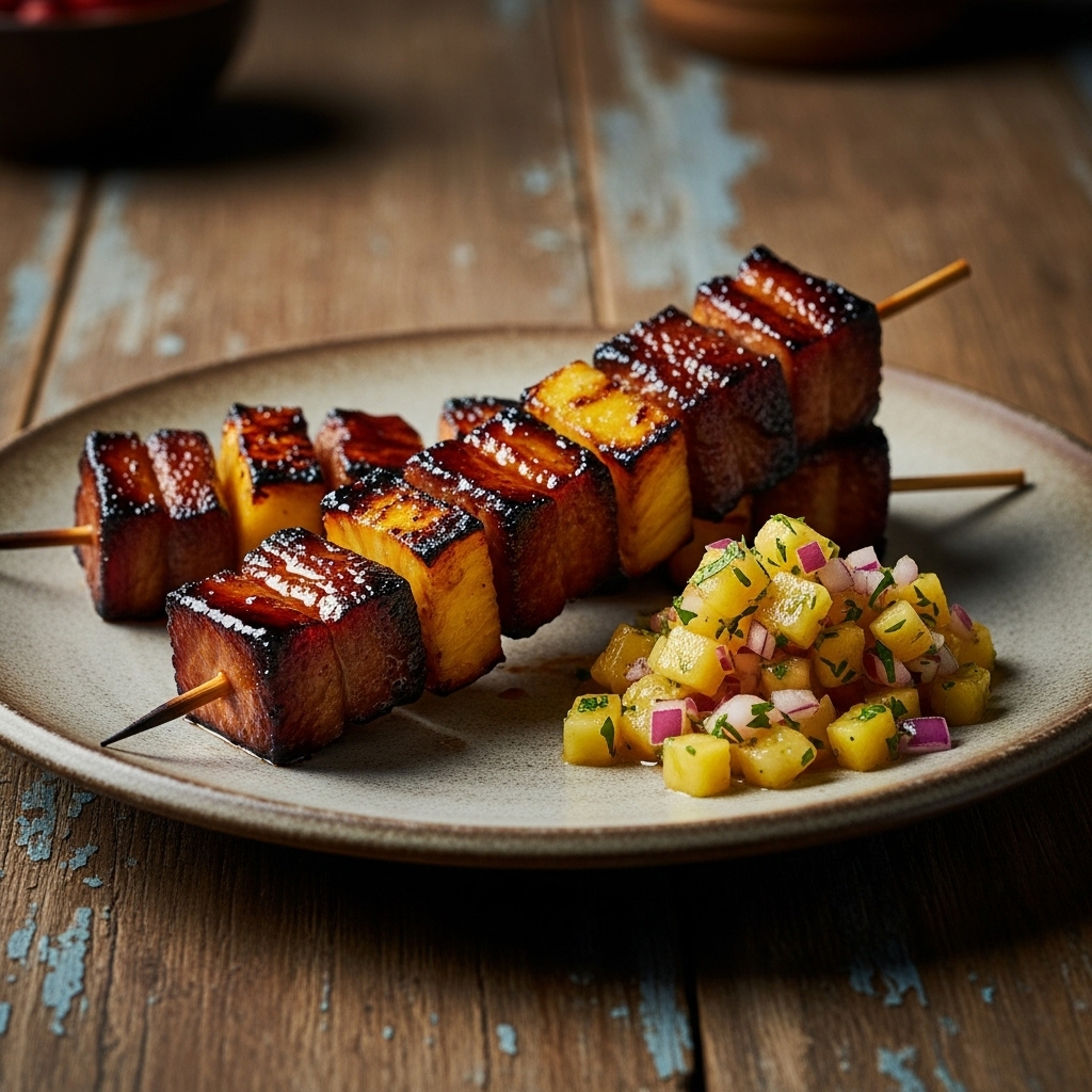 Smoky Pork Belly Skewers with Sweet Pineapple Chutney