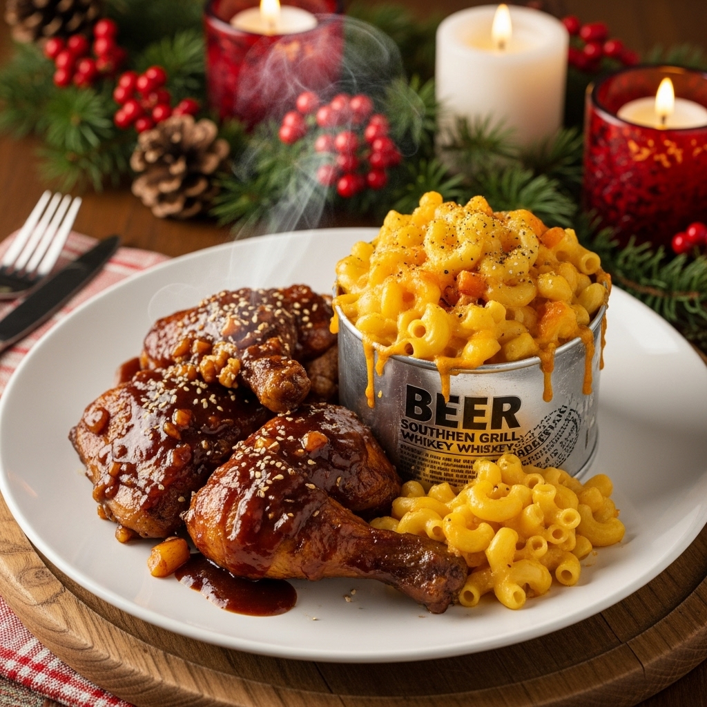 Smoky Southern Grill Dinner: Copycat Whiskey BBQ Chicken & Beer Can Mac ‘n Cheese