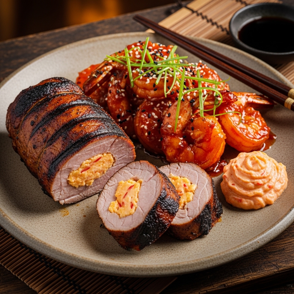 Smoky Southern Grill Dinner: Firecracker Shrimp & Pimento Cheese Stuffed Pork Tenderloin
