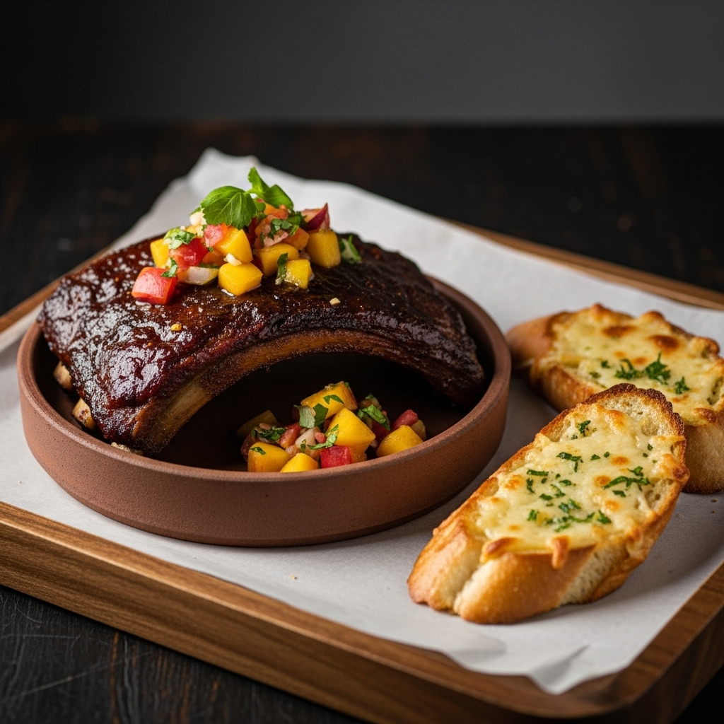 Smoky Southern Grill Dinner: Memphis BBQ Baby Back Ribs with Spicy Peach Salsa and Cheesy Garlic Bread