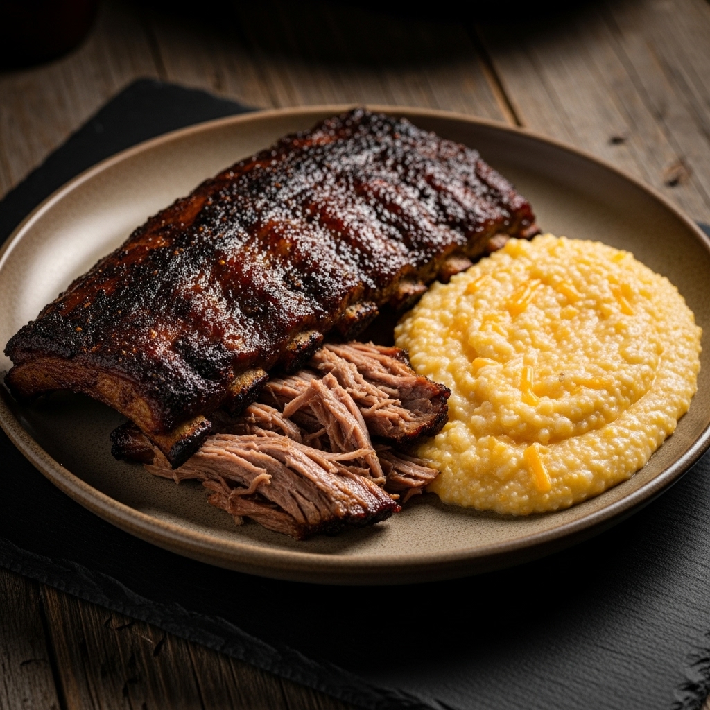 Smoky Southern Grill Feast: Memphis Dry Rub Ribs & Cheesy Cheddar Grits