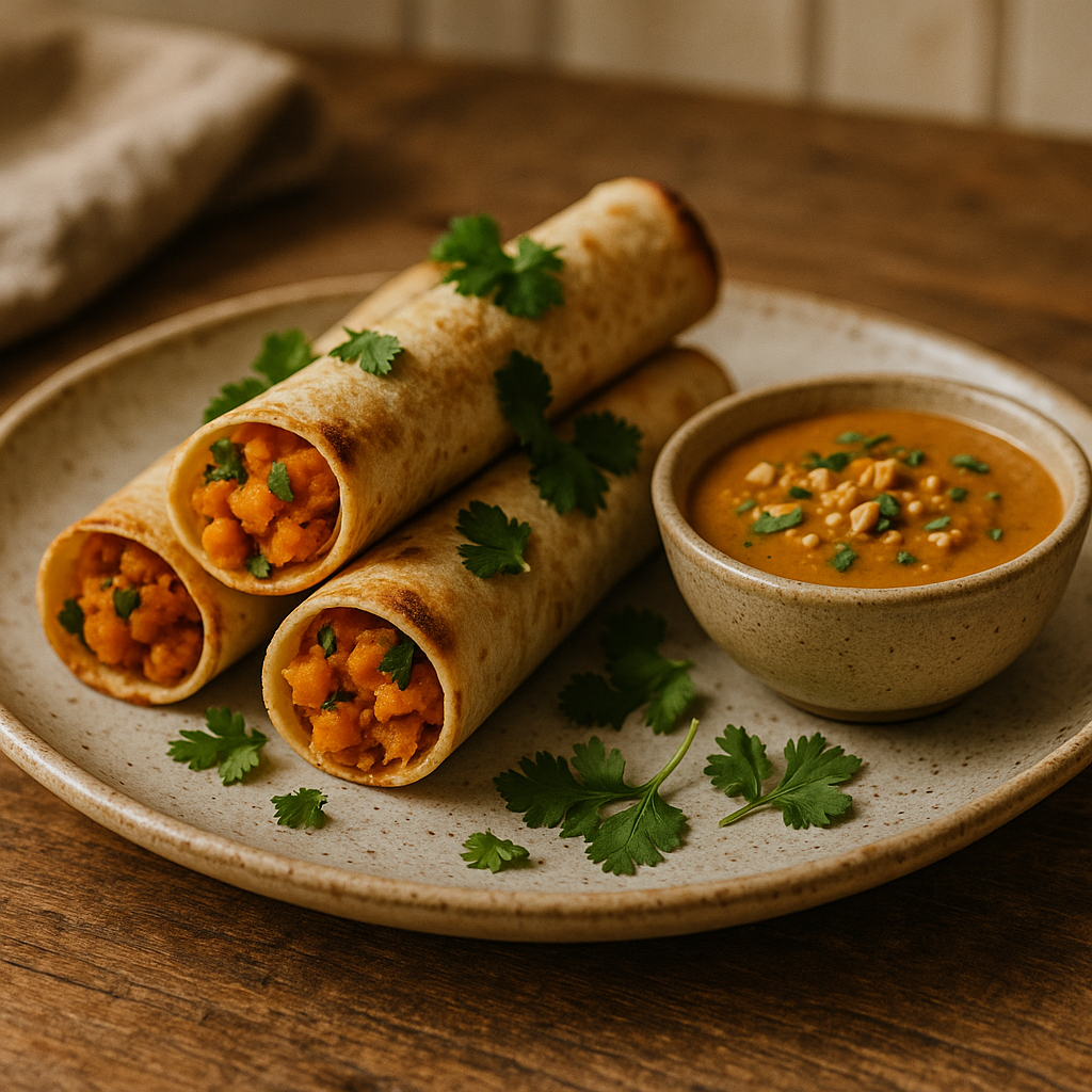 Smoky Sweet Potato Taquitos with Spicy Peanut Sauce