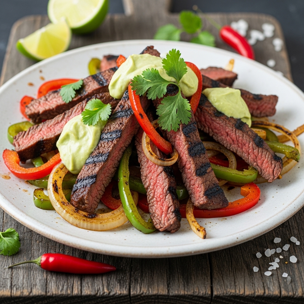 Smoky Tex-Mex Grilled Steak Fajitas with Avocado Crema
