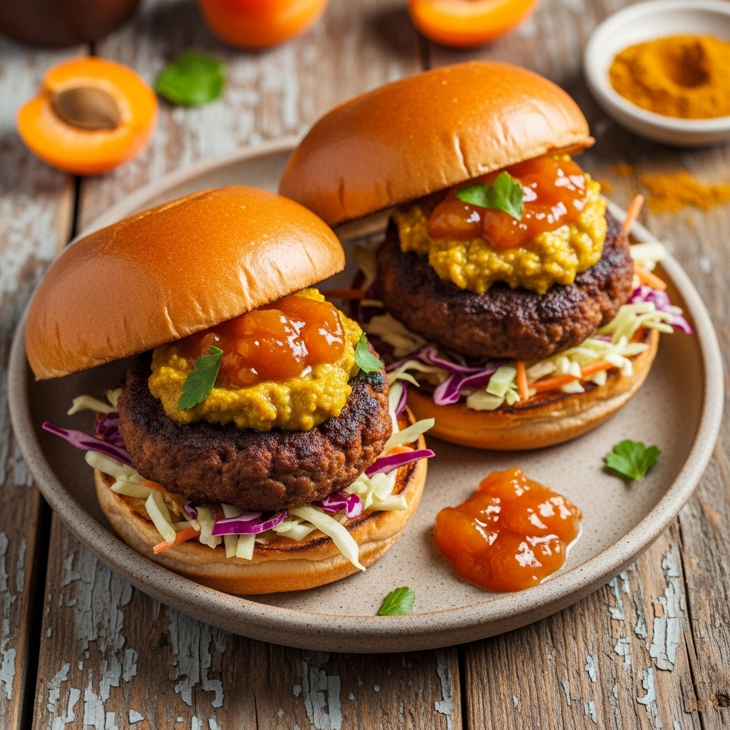 South African Bobotie Burgers with Curry-Infused Slaw and Apricot Chutney