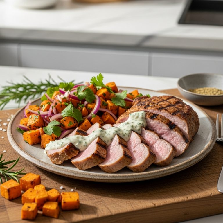 South African Braai Feast: Grilled Pork Loin with Sweet Potato Salad & Garlic-Herb Sauce