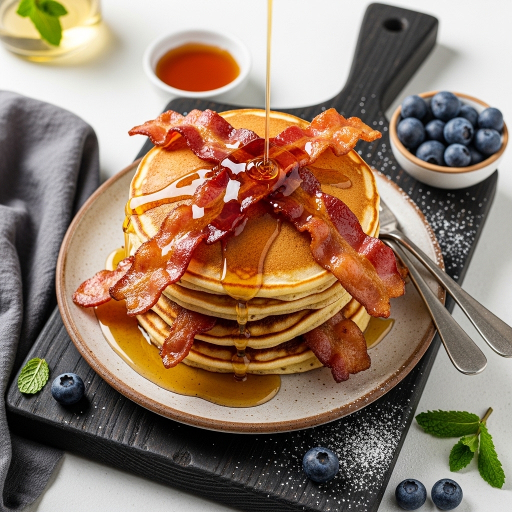 South African Brunch Delight: Buttermilk Pancakes with Bacon and Maple Syrup
