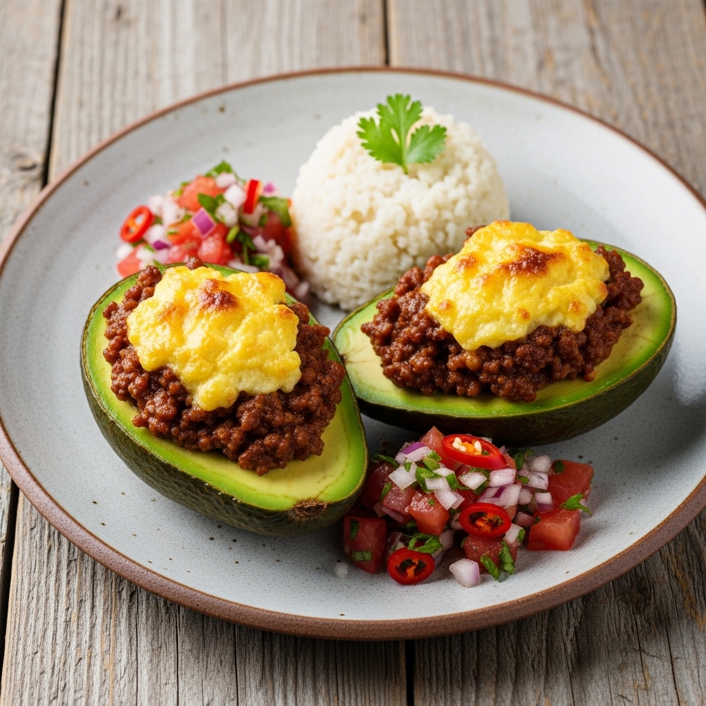 South African Brunch: Spicy Bobotie-Stuffed Avocado Boats with Pap & Tomato Salsa