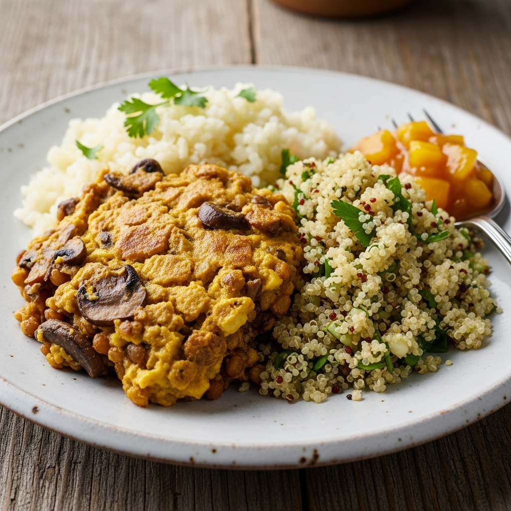 “South African-Inspired Vegan Bobotie with Cauliflower Rice & Lemon Herb Quinoa”