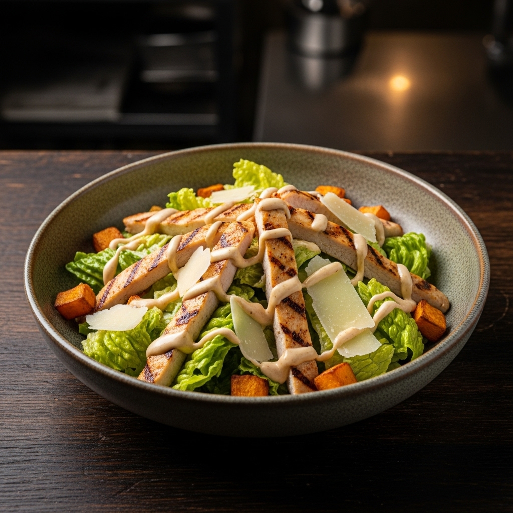 South African Lunch: Grilled Chicken Caesar Salad Bowl with Roasted Sweet Potato